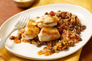 Crispy Chicken with Annatto Sauce, Rice & Pigeon Peas