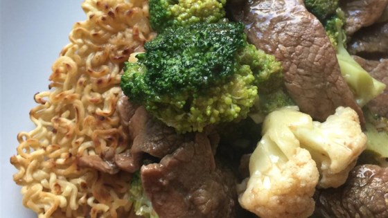 Stir-Fried Beef and Broccoli with Crisp Ramen Noodle Cake